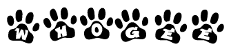 The image shows a series of animal paw prints arranged horizontally. Within each paw print, there's a letter; together they spell Whogee