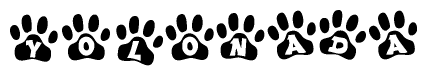 The image shows a series of animal paw prints arranged in a horizontal line. Each paw print contains a letter, and together they spell out the word Yolonada.