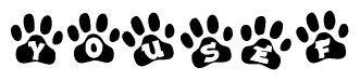 The image shows a series of animal paw prints arranged horizontally. Within each paw print, there's a letter; together they spell Yousef
