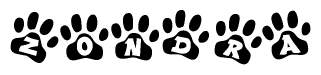 The image shows a row of animal paw prints, each containing a letter. The letters spell out the word Zondra within the paw prints.