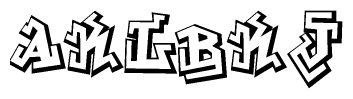 The clipart image depicts the word Aklbkj in a style reminiscent of graffiti. The letters are drawn in a bold, block-like script with sharp angles and a three-dimensional appearance.
