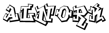 The image is a stylized representation of the letters Alnork designed to mimic the look of graffiti text. The letters are bold and have a three-dimensional appearance, with emphasis on angles and shadowing effects.
