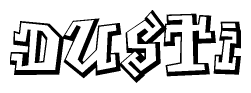 The clipart image depicts the word Dusti in a style reminiscent of graffiti. The letters are drawn in a bold, block-like script with sharp angles and a three-dimensional appearance.
