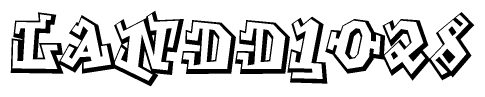 The clipart image depicts the word Landd1028 in a style reminiscent of graffiti. The letters are drawn in a bold, block-like script with sharp angles and a three-dimensional appearance.