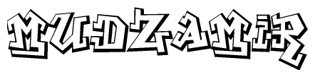 The image is a stylized representation of the letters Mudzamir designed to mimic the look of graffiti text. The letters are bold and have a three-dimensional appearance, with emphasis on angles and shadowing effects.