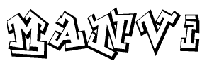The image is a stylized representation of the letters Manvi designed to mimic the look of graffiti text. The letters are bold and have a three-dimensional appearance, with emphasis on angles and shadowing effects.