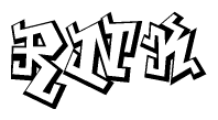 The clipart image depicts the word Rnk in a style reminiscent of graffiti. The letters are drawn in a bold, block-like script with sharp angles and a three-dimensional appearance.