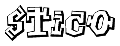The clipart image depicts the word Stico in a style reminiscent of graffiti. The letters are drawn in a bold, block-like script with sharp angles and a three-dimensional appearance.
