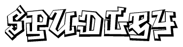 The image is a stylized representation of the letters Spudley designed to mimic the look of graffiti text. The letters are bold and have a three-dimensional appearance, with emphasis on angles and shadowing effects.