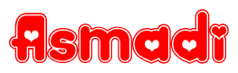 The image is a red and white graphic with the word Asmadi written in a decorative script. Each letter in  is contained within its own outlined bubble-like shape. Inside each letter, there is a white heart symbol.