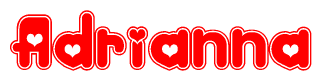 The image is a clipart featuring the word Adrianna written in a stylized font with a heart shape replacing inserted into the center of each letter. The color scheme of the text and hearts is red with a light outline.