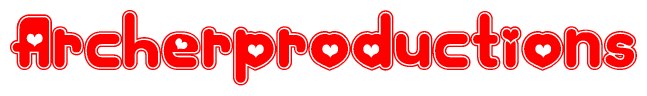 The image is a red and white graphic with the word Archerproductions written in a decorative script. Each letter in  is contained within its own outlined bubble-like shape. Inside each letter, there is a white heart symbol.
