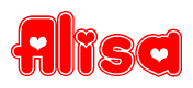 The image is a red and white graphic with the word Alisa written in a decorative script. Each letter in  is contained within its own outlined bubble-like shape. Inside each letter, there is a white heart symbol.
