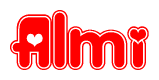 The image displays the word Almi written in a stylized red font with hearts inside the letters.