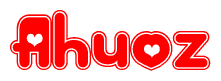 The image displays the word Ahuoz written in a stylized red font with hearts inside the letters.