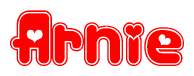 The image displays the word Arnie written in a stylized red font with hearts inside the letters.