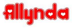 The image is a red and white graphic with the word Allynda written in a decorative script. Each letter in  is contained within its own outlined bubble-like shape. Inside each letter, there is a white heart symbol.