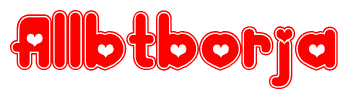 The image displays the word Allbtborja written in a stylized red font with hearts inside the letters.