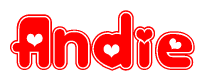 The image displays the word Andie written in a stylized red font with hearts inside the letters.