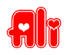 The image displays the word Ali written in a stylized red font with hearts inside the letters.