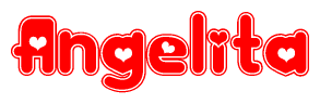 The image is a red and white graphic with the word Angelita written in a decorative script. Each letter in  is contained within its own outlined bubble-like shape. Inside each letter, there is a white heart symbol.