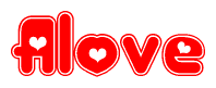 The image is a red and white graphic with the word Alove written in a decorative script. Each letter in  is contained within its own outlined bubble-like shape. Inside each letter, there is a white heart symbol.