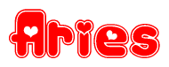 The image is a red and white graphic with the word Aries written in a decorative script. Each letter in  is contained within its own outlined bubble-like shape. Inside each letter, there is a white heart symbol.