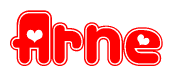 The image is a red and white graphic with the word Arne written in a decorative script. Each letter in  is contained within its own outlined bubble-like shape. Inside each letter, there is a white heart symbol.