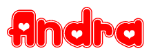 The image is a red and white graphic with the word Andra written in a decorative script. Each letter in  is contained within its own outlined bubble-like shape. Inside each letter, there is a white heart symbol.