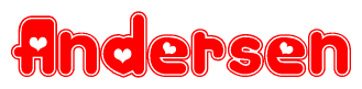 The image is a red and white graphic with the word Andersen written in a decorative script. Each letter in  is contained within its own outlined bubble-like shape. Inside each letter, there is a white heart symbol.