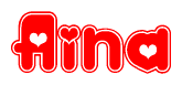 The image displays the word Aina written in a stylized red font with hearts inside the letters.