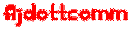 The image is a red and white graphic with the word Ajdottcomm written in a decorative script. Each letter in  is contained within its own outlined bubble-like shape. Inside each letter, there is a white heart symbol.
