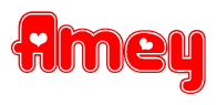 The image displays the word Amey written in a stylized red font with hearts inside the letters.