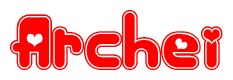 The image displays the word Archei written in a stylized red font with hearts inside the letters.