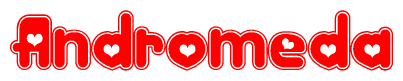 The image displays the word Andromeda written in a stylized red font with hearts inside the letters.