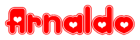 The image is a red and white graphic with the word Arnaldo written in a decorative script. Each letter in  is contained within its own outlined bubble-like shape. Inside each letter, there is a white heart symbol.
