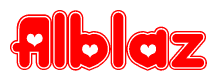 The image displays the word Alblaz written in a stylized red font with hearts inside the letters.