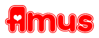 The image is a red and white graphic with the word Amus written in a decorative script. Each letter in  is contained within its own outlined bubble-like shape. Inside each letter, there is a white heart symbol.