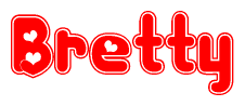 The image is a red and white graphic with the word Bretty written in a decorative script. Each letter in  is contained within its own outlined bubble-like shape. Inside each letter, there is a white heart symbol.