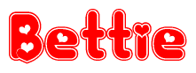 The image is a red and white graphic with the word Bettie written in a decorative script. Each letter in  is contained within its own outlined bubble-like shape. Inside each letter, there is a white heart symbol.