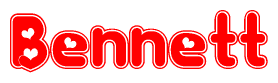 The image is a red and white graphic with the word Bennett written in a decorative script. Each letter in  is contained within its own outlined bubble-like shape. Inside each letter, there is a white heart symbol.