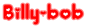 The image is a red and white graphic with the word Billy-bob written in a decorative script. Each letter in  is contained within its own outlined bubble-like shape. Inside each letter, there is a white heart symbol.