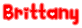The image is a red and white graphic with the word Brittany written in a decorative script. Each letter in  is contained within its own outlined bubble-like shape. Inside each letter, there is a white heart symbol.