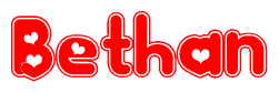 The image is a red and white graphic with the word Bethan written in a decorative script. Each letter in  is contained within its own outlined bubble-like shape. Inside each letter, there is a white heart symbol.