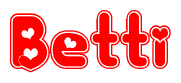 The image is a red and white graphic with the word Betti written in a decorative script. Each letter in  is contained within its own outlined bubble-like shape. Inside each letter, there is a white heart symbol.