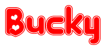 The image is a clipart featuring the word Bucky written in a stylized font with a heart shape replacing inserted into the center of each letter. The color scheme of the text and hearts is red with a light outline.
