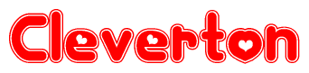 The image is a red and white graphic with the word Cleverton written in a decorative script. Each letter in  is contained within its own outlined bubble-like shape. Inside each letter, there is a white heart symbol.