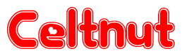 The image is a red and white graphic with the word Celtnut written in a decorative script. Each letter in  is contained within its own outlined bubble-like shape. Inside each letter, there is a white heart symbol.