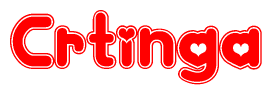The image is a red and white graphic with the word Crtinga written in a decorative script. Each letter in  is contained within its own outlined bubble-like shape. Inside each letter, there is a white heart symbol.