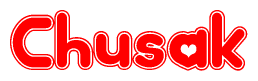 The image is a red and white graphic with the word Chusak written in a decorative script. Each letter in  is contained within its own outlined bubble-like shape. Inside each letter, there is a white heart symbol.